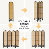 Asnefeli 4 Panel Room Divider, Double Hinged Foldable Wooden Room Divider, Individual Privacy Screen Made of Hand-Woven Rattan, Portable Wall Divider for Home Office Bedroom Bathroom (Black Natural) Asnefeli