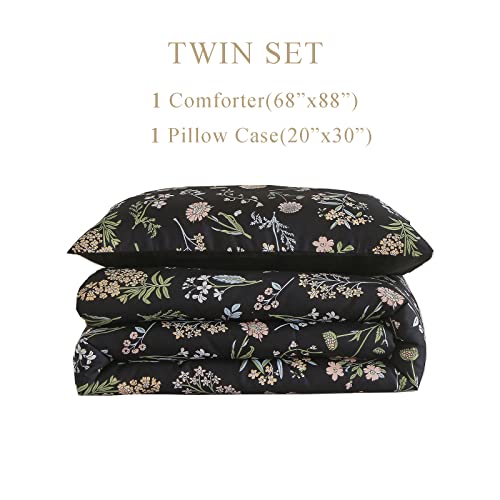 Floral Comforter Set Twin Size, Yellow Green Botanical Flower Leaves Printed Black Comforter for Kids Teen Women, 2 Piece Soft Microfiber Bedding Set with 1 Pillow Case for All Season(Black,Twin) KAKIJUMN
