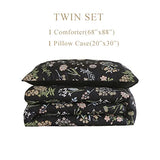 Floral Comforter Set Twin Size, Yellow Green Botanical Flower Leaves Printed Black Comforter for Kids Teen Women, 2 Piece Soft Microfiber Bedding Set with 1 Pillow Case for All Season(Black,Twin) KAKIJUMN