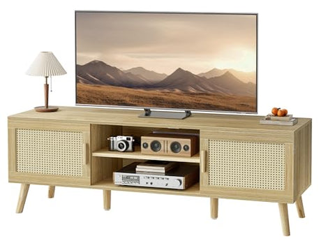 SUPERJARE Boho TV Stand for 55 Inch TV, Entertainment Center with Adjustable Shelf, Rattan TV Console with 2 Cabinets, Media Console, Solid Wood Feet, 4 Cord Holes, for Living Room - Natural SUPERJARE