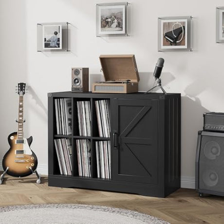 Takywep Record Player Stand with Door, Farmhouse Turntable Cabinet with Storage, Vinyl Record Storage Cabinet with Shelves for Up to 750 Albums, Multi-Purpose Wooden Media Console Table Takywep