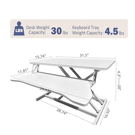 Xinmviec 32" Standing Desk Converter, Height Adjustable Sit to Stand Riser with Gas Spring Lift, Dual Monitor and Laptop Workstation with Wide Keyboard Tray for Home & Office (White) Xinmviec