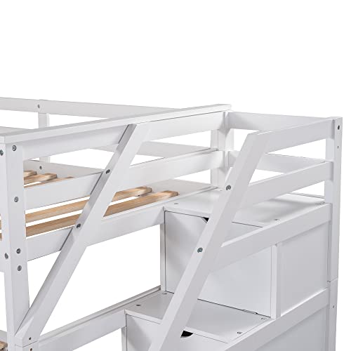 Merax Twin Over Twin Bunk Bed with Trundle, Solid Wood Stairway Bunk Bed Frame with 3 Storage Cabinet Staircase, No Spring Box Required, White Merax