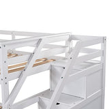Merax Twin Over Twin Bunk Bed with Trundle, Solid Wood Stairway Bunk Bed Frame with 3 Storage Cabinet Staircase, No Spring Box Required, White Merax