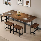 Einhomn 7-Piece Dining Table Set, 63" Extendable Kitchen Room Table with 6 Stools, Mid Century Modern Dinner Table with Metal Frame & MDF Board, Space-Saving, Easy Assembly, Walnut Einhomn