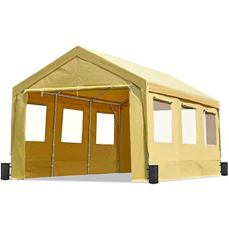 ADVANCE OUTDOOR 10x20 ft Adjustable Height Carport with Removable Window Sidewalls and Doors, Heavy Duty Car Canopy Garage Party Tent Boat Shelter with Reinforced Poles, Beige ADVANCE OUTDOOR