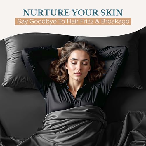 Casa Platino Queen Satin Sheets - Lightweight & Cooling Satin Bed Sheets Queen, with a 15 Inch Deep Pocket Fitted Sheet, Frizz Reducing Fabric, Machine Washable, Retains Shine After Wash - Black Casa Platino