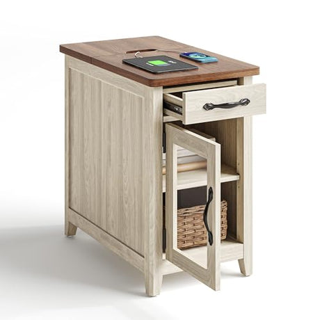 LINSY HOME Farmhouse End Table with Charging Station, Narrow Side Table for Living Room, Sofa Side Table with Drawer and Storage Cabinet, Small Nightstand for Bedroom LINSY HOME