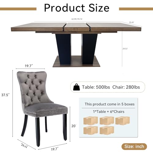 MELAABUU 7 Pieces Brown Extendable Dining Table Set, 63"-78.74" Expanding Modern Kitchen and Dining Room Table Set for 6, Rectangle Wooden Extendable Dining Table and Grey Velvet Upholstered Chairs MELAABUU
