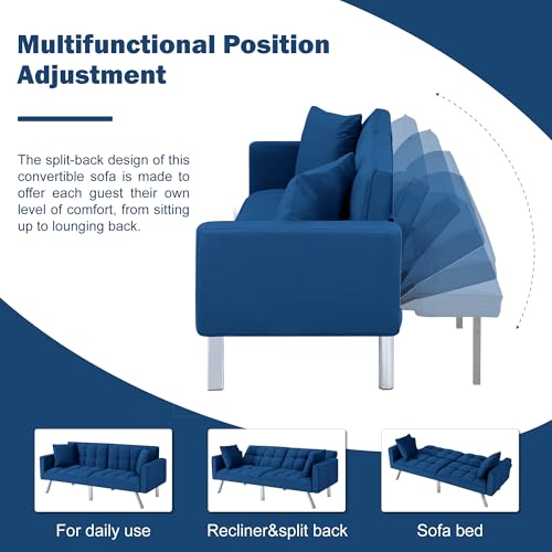 78" Modern Sofa Bed Futon,Convertible Sleeper Bed Couch with 4 Reclining Backrest,Comfy Velvet Cloud Sofa Loveseat for Living Room Bedroom Office (Navy) Anwick