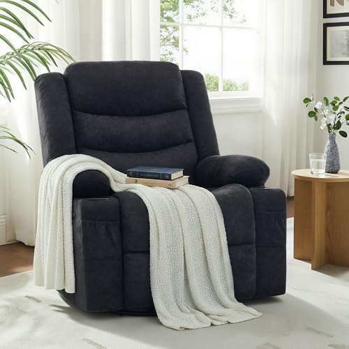 GAOHAPPY Swivel Rocker Recliner Chair, Manual Recliner Single Sofa with Cup Holders and Side Pocket, Chenille Fabric, Upholstered Nursery Rocking Chair for Living Room, Bedroom, Black