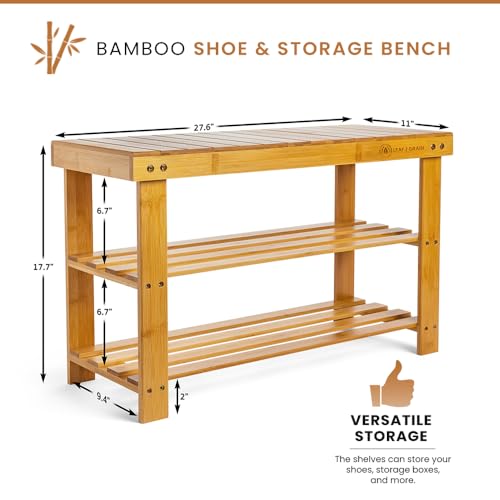 Leaf & Grain Bamboo Shoe Rack - Shoe Storage Bench for Front Door Entrance - Entryway Bench with Shoe Shelf, Shoe Storage Organizer, Wooden Shoe Rack, Durable Shoe Bench for Home (Natural) Leaf & Grain