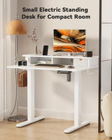 JOY worker Small Electric Standing Desk, 35" x 25" Height Adjustable Desk with Built-in Monitor Stand & Storage Drawer, White Sit Stand Table with 2 Hooks for Home Office JOY worker