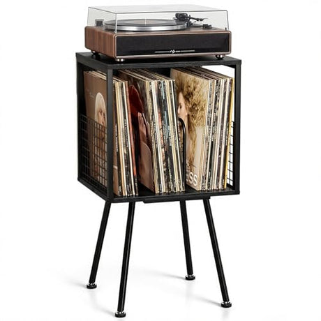 Faesun Record Player Stand with Storage Holds 100+ Vinyl Records, Industrial Turntable Stand with Storage Shelf, LP Album Organizer Cabinet for Small Spaces, Black End Table Faesun