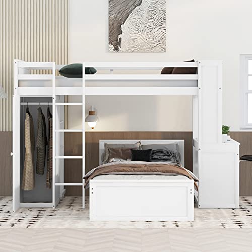 Harper & Bright Designs Twin Over Twin Bunk Bed with Desk, Storage, Solid Wood Bunk Bed with Shelves and Wardrobe, Twin Size Loft Bed with a Stand-Alone Bed for Kids Teens Adults - White Harper & Bright Designs