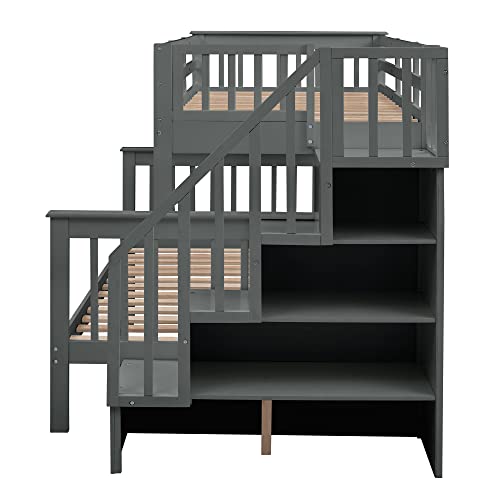 Stairway Bunk Beds Twin Over Full with 4-Step Stairs and Under-Step Storage Shelves, Gray Merax