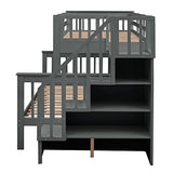 Stairway Bunk Beds Twin Over Full with 4-Step Stairs and Under-Step Storage Shelves, Gray Merax