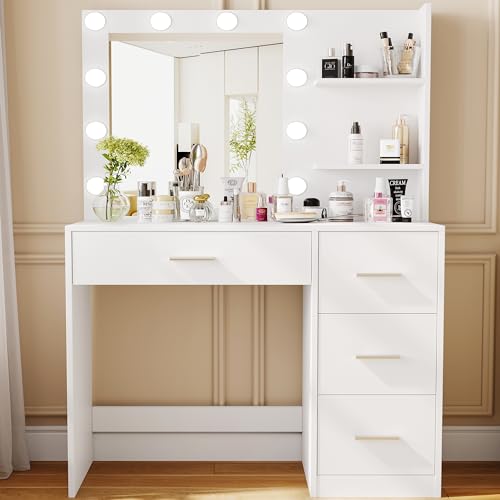 Rovaurx Makeup Vanity Table with Lighted Mirror, Makeup Vanity Desk with Storage Shelf and 4 Drawers, Bedroom Dressing Table, 10 LED Lights, White RSZT104W - WoodArtSupply