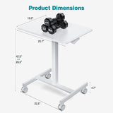 DUMOS Mobile Small Standing Desk, Portable Rolling Laptop Desk with 2 Lockable Wheels, Adjustable Height Computer Workstation for Home Office, 19 Inch White DUMOS
