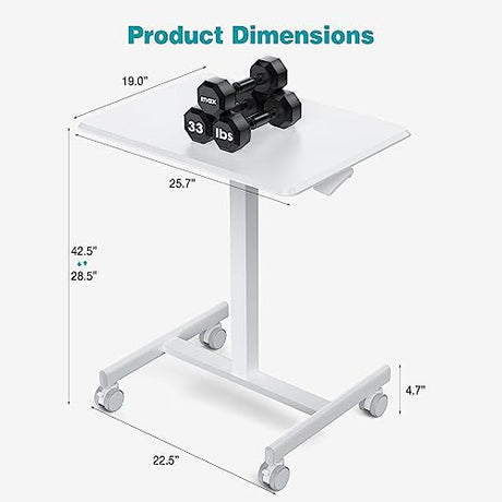 DUMOS Mobile Small Standing Desk, Portable Rolling Laptop Desk with 2 Lockable Wheels, Adjustable Height Computer Workstation for Home Office, 19 Inch White DUMOS