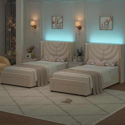 HITHOS 2 Set Twin Upholstered LED Bed Frame with Storage Drawer, Velvet Kids Bed with Headboard, Princess Twin Platform Bed for Girls/Kids, Solid Wood Slats Support, No Box Spring Needed (Beige) HITHOS