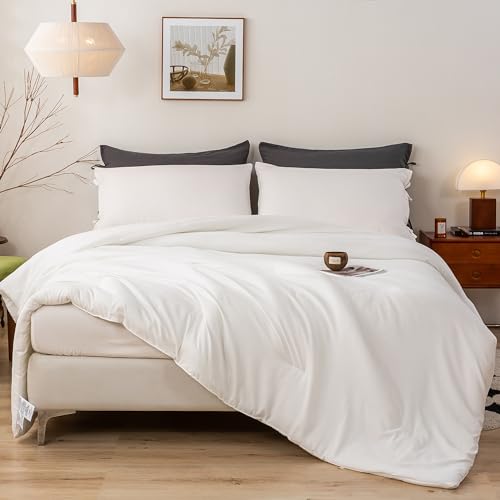 BOHOPOPM White Comforter Twin/XL Size Single Bed - Lightweight Super Soft Cozy Modern Polycotton Bedding Blanket Quilt Set for Kid Teen Boy Children All Season - 1 Solid Comforter and 1 Pillowcase BOHOPOPM