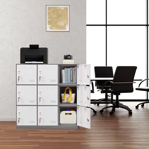 FURSTEL Student Locker Organizer, Multi-Door Steel Locker, Small Locking Cabinet Storage Organizer, Office File Cabinet, Home Locker, Gym Locker, Metal Storage Locker (9 Door, Grey & White) FURSTEL