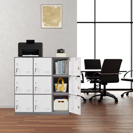 FURSTEL Student Locker Organizer, Multi-Door Steel Locker, Small Locking Cabinet Storage Organizer, Office File Cabinet, Home Locker, Gym Locker, Metal Storage Locker (9 Door, Grey & White) FURSTEL