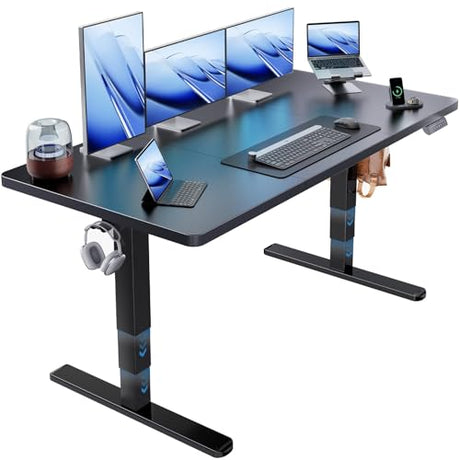 HUANUO 60x30 Inch 3-Stage Legs Electric Standing Desk, Large Height Adjustable Office Desk with Brushless Motor, Stand Up Desk with 4 Memory Presets & 2 Hooks, Computer Desk for Home Office, Black HUANUO