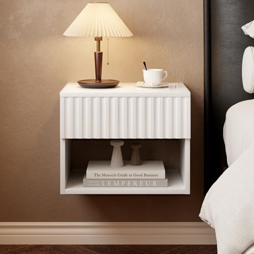 AURINEST Floating Nightstand Set of 2, Modern Wall Mounted Bedside Tables with Fluted Drawer, Night Stand Small End Table with Open Storage Shelf for Bedroom, Living Room, Small Spaces, White AURINEST