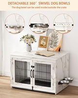 Piskyet Wooden Dog Crate Furniture with 360°Rotatable Removable Dog Bowls, Dog Crate End Table with Tray, Double Doors Dog Kennels for Dogs(XL:43.2" L*28.6" W*30.3" H, Marble White) Piskyet