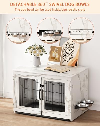 Piskyet Wooden Dog Crate Furniture with 360°Rotatable Removable Dog Bowls, Dog Crate End Table with Tray, Double Doors Dog Kennels for Dogs(XL:43.2" L*28.6" W*30.3" H, Marble White) Piskyet