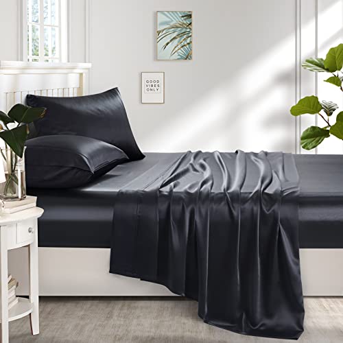 Lanest Housing Silk Satin Sheets, Twin XL Size Satin Bed Sheet Set with Deep Pockets, Cooling Soft and Hypoallergenic Satin Sheets Twin XL - Black Lanest Housing