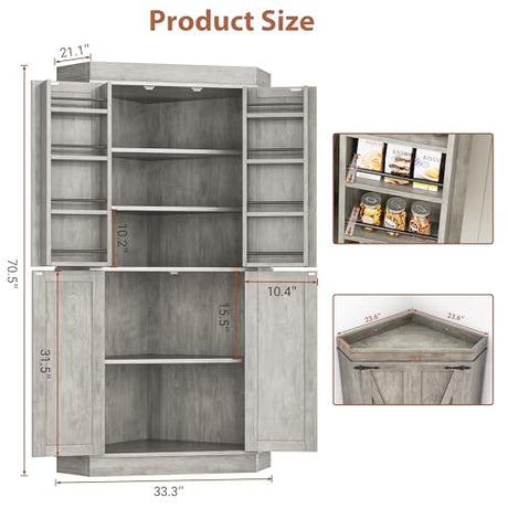 Jocoevol Corner Kitchen Pantry Storage Cabinet with Doors, Kitchen Hutch, 71'' Tall Food Storage Cabinet Furniture for Living Room, Dining Room (Grey) Jocoevol