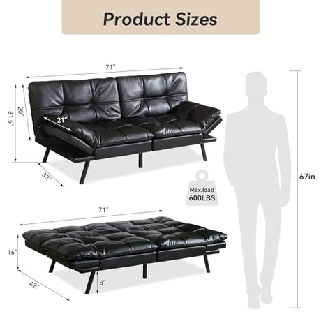 AMICLIBER 71" Convertible Futon Sofa Bed,Bright Black Faux Leather Futon Couch,Memory Foam Reclining Sleeper Sofa Bed,Modern Folding Small Loveseat Couches for Living Room,Office,Apartment AMICLIBER