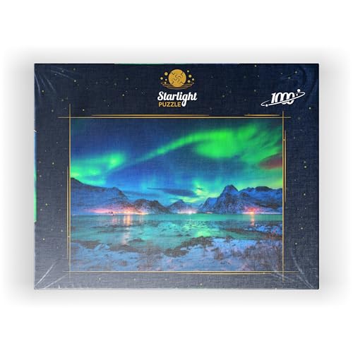 MyPuzzle Aurora Borealis Over Sea Coast, Lights at Night. Northern Lights On Lofoten Islands, Norway - Premium 1000 Piece Jigsaw Puzzle for Adults