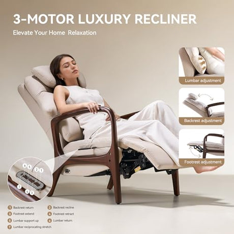 EMIAH M7 Power Recliner Chair for Adults with Adjustable Lumbar Support & 5-Min Rhythmic Stretch, 160° Reclining Faux Leather Accent Chair with Adjustable Headrest for Living Room Home Theater(Beige) EMIAH