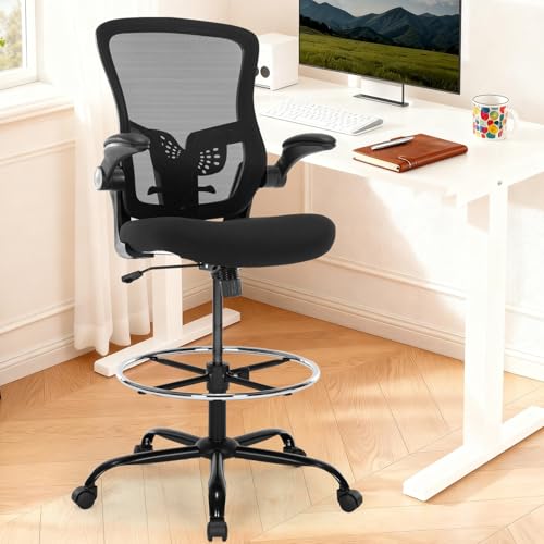 Bondesin Drafting Chair, Ergonomic Tall Office Chair with Lumbar Support Standing Desk Stool with Flip-up Armrests Comfy High Office Desk Chair with Adjustable Foot Ring for Counter Height Desk, Black Bondesin