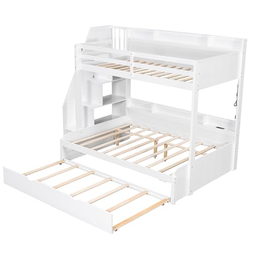 Bellemave Twin Over Full Bunk Bed with Storage Staircase, Trundle, Built-in Shelves & USB Charging Station, Space-Saving Design Bunk Bed Frame for Kids Teens, Solid Wood & MDF, White Bellemave