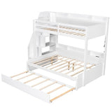 Bellemave Twin Over Full Bunk Bed with Storage Staircase, Trundle, Built-in Shelves & USB Charging Station, Space-Saving Design Bunk Bed Frame for Kids Teens, Solid Wood & MDF, White Bellemave