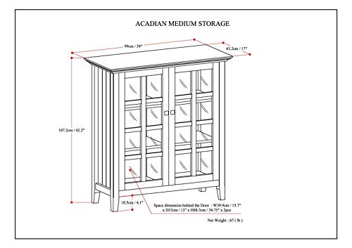 SIMPLIHOME Acadian SOLID WOOD 39 inch Wide Rustic Medium Storage Cabinet in Black, with 2 Tempered Glass Doors, 4 Adjustable Shelves - WoodArtSupply