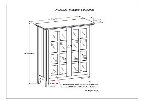 SIMPLIHOME Acadian SOLID WOOD 39 inch Wide Transitional Medium Storage Cabinet in White, with 2 Tempered Glass Doors, 4 Adjustable Shelves SIMPLIHOME