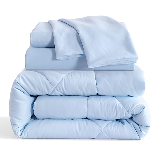 NTBAY Twin Comforter Set with Sheets, 5 Pieces Soft and Breathable Bedding Set, Twin Bed in a Bag, Down Alternative Comforter Set Solid Color All Season, Kids Bedding Set, Aqua NTBAY