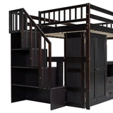 Ball & Cast Loft Bed Full Size with Storage Stairs and Bookshelf,Space-Saving Multifunctional Furniture Bed Frame w/Desk & Wardrobe,for Apartment,Bedroom,Espresso Ball & Cast