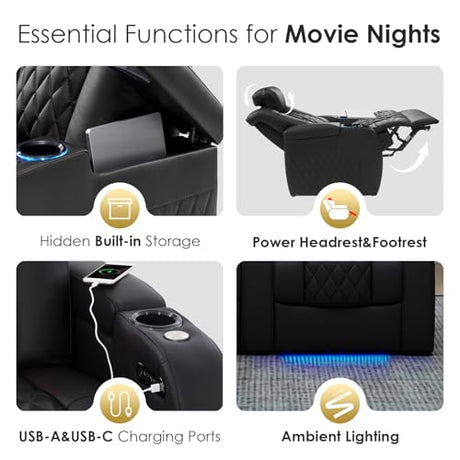 PBRO Home Theater Seating Top Grain Leather Recliner Chair, Movie Theater Chair Sofa with Power Reclining & Headrest USB Charger Ports Ambient Lighting, Black Single Seat for Home PBRO