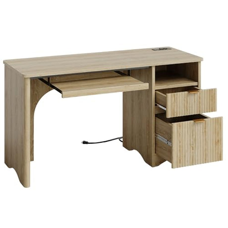 Bestier Computer Desk with Drawer, 55 inch Office Desk with Power Outlet, Modern Home Office Desk with Keyboard Tray (Natual Oak, 55" W with Single-Sided Drawers) Bestier