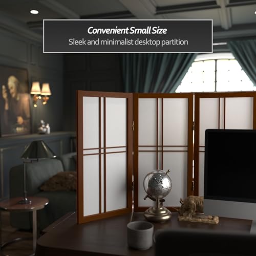 2 ft. Short Desktop Double Cross Shoji Screen - Walnut - 3 Panels Red Lantern