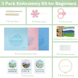 RidaaFri Embroidery Kit for Beginner, Set of 3 Floral Mount Sunshine Pattern DIY Kits for Adults & Starter, Hand Embroidery Practice Set with Step-by-Step Video Tutorial, Includes Hoop, Needles, Floss