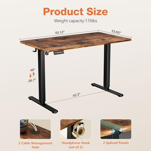 Sweetcrispy Electric Adjustable Height Standing Desk - 55 x 24 inch Sit to Stand Up Desk with Splice Board, Rising Home Office Computer Table with 2 Hook and Wire Hole for Work - WoodArtSupply