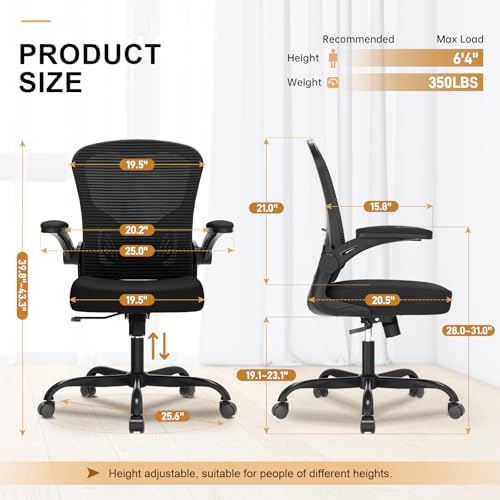 Office Chair, Ergonomic Desk Chairs 330LBS Capacity High Back Mesh Computer Chair with Flip-up Armrests, Comfy Work Chair with Adjustable Lumbar Support, Rolling Chair Synorla